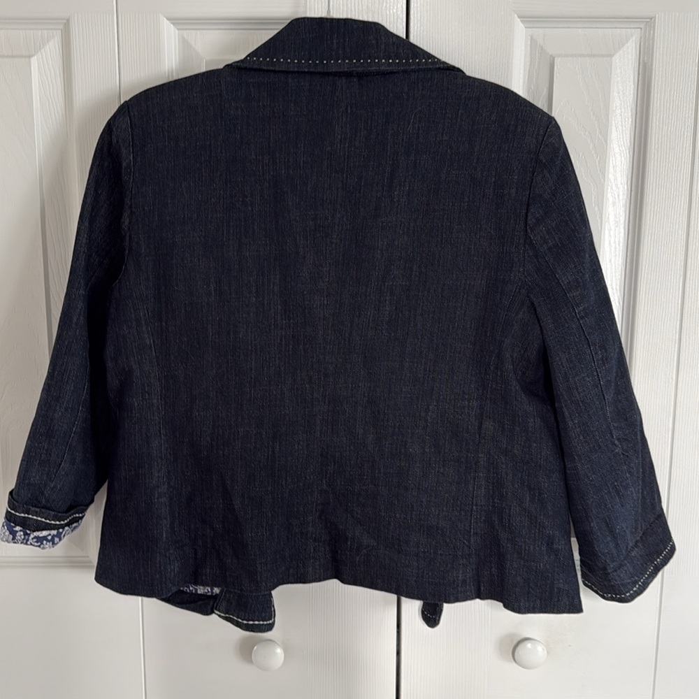 Talbots Dark Wash Denim Blazer Jacket Blue/White Stitching Floral Lining - 12 - Picture 8 of 8